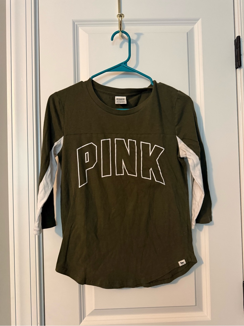 PINK Victoria's Secret Olive Green & White Long Sleeve Tee